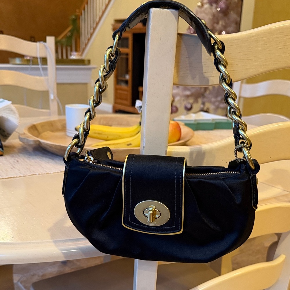 Coach early 2000’s satin black patent leather gold trim bag